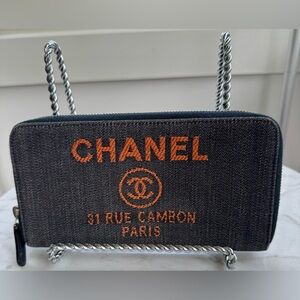 CHANEL Denim Deauville Long Zip-Around Wallet